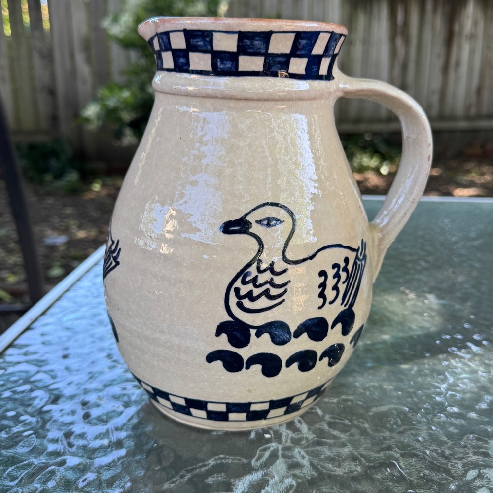 Vintage Hand Painted Stoneware Pitcher Blue Cobalt Duck Folk Art‎ Pottery 9 inch